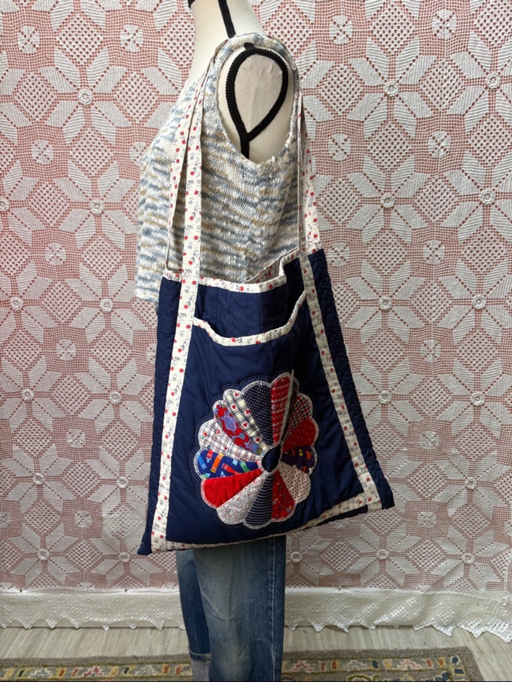 Handcrafted Quilted Navy Patchwork Flower Tote Bag - Picture 2 of 10